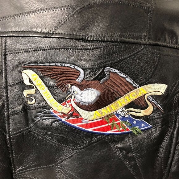 Leather Riding Jacket Mens Large Eagle Patch God Bless America Moto Vintage 80's - Picture 7 of 14